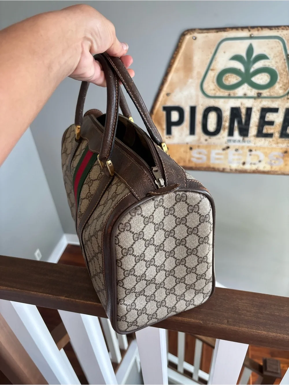 Gucci Brown GG Supreme Satchel with Green & Red Web Stripe